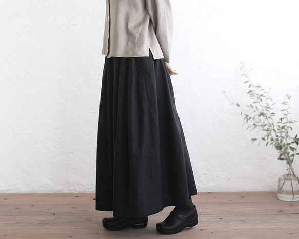 亞麻超長褶裙（黑色）SK02 第1張的照片