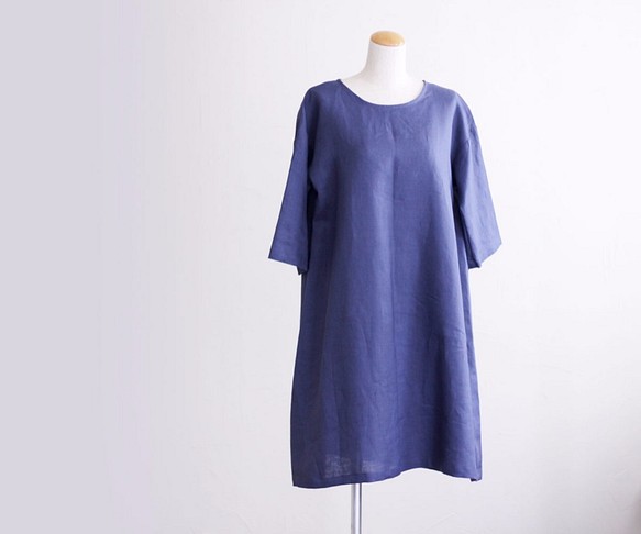 ● 麻質素色連衣裙 M~L 灰藍色 第1張的照片