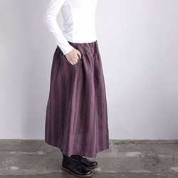 ●リネン　ヨーク切り替えギャザースカート　（ストライプ＊ボルドー） 1枚目の画像