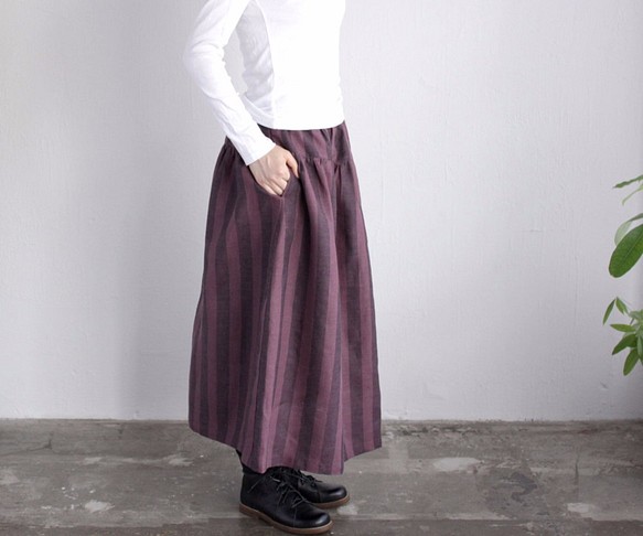 ●リネン　ヨーク切り替えギャザースカート　（ストライプ＊ボルドー） 1枚目の画像