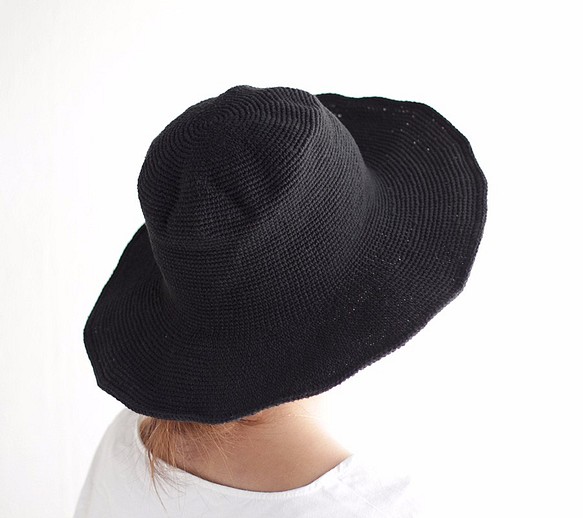 ●母親節●棉質針織寬檐帽帶金屬絲的簡易帽（黑色） 第1張的照片