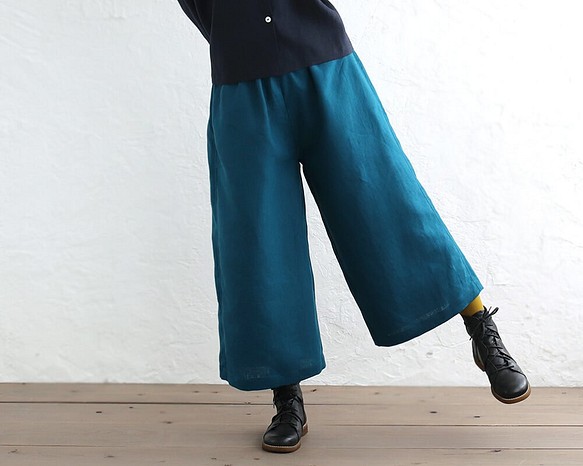 亞麻高喬褲麻寬鬆闊腿褲（深藍/深綠松石色）PT02 第1張的照片