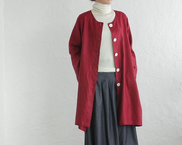 亞麻無色A線春季外套haori（人字形/紅色） 第1張的照片