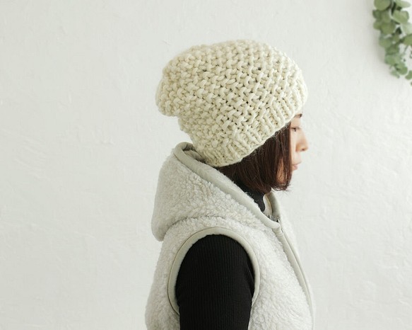 100％羊毛蓬鬆針織帽（灰白色） 第1張的照片