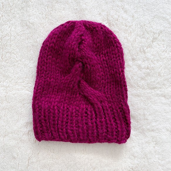 Hand knitted[手編み]ウール&モヘアFramboiseニット帽[Creema限定] 1枚目の画像