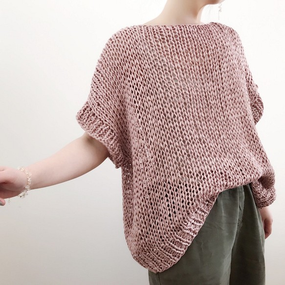 送料無料☆Hand knitted[手編み]コットンテープヤーンのOld roseサマーセーター 1枚目の画像