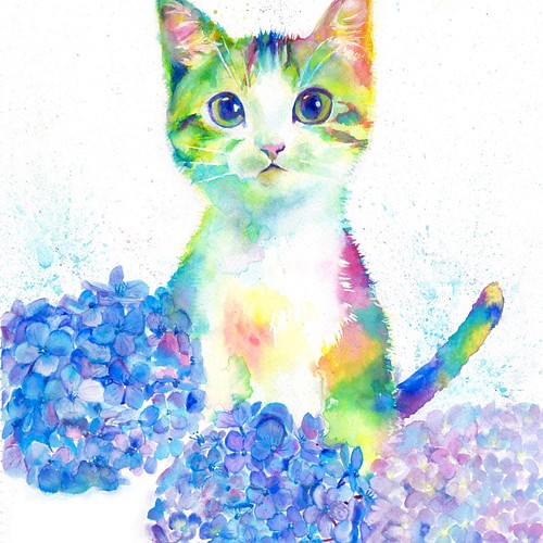 若いシャム猫（墨絵、水彩、高級水彩画用紙、１６ｃｍ×２２，５ｃｍ