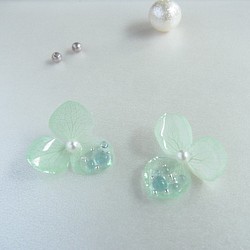 繡球和雨滴的耳環或耳環白綠 第1張的照片
