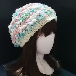 手紡ぎ毛糸使用手編みの春色ニットベレー帽 1枚目の画像