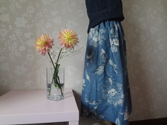 リネンのフレアースカート☆藍色 1枚目の画像