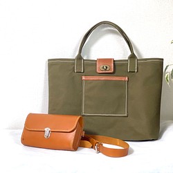 《帆布×レザー》輪っかポケットのトートバッグと本革ミニショルダーバッグ　２個持ち福袋 1枚目の画像
