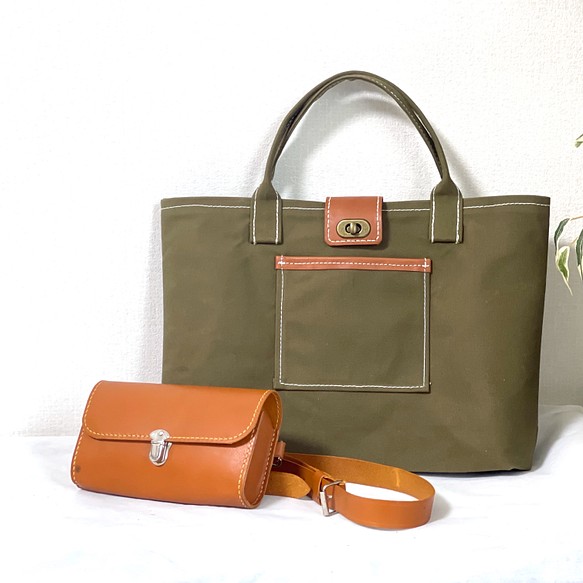 《帆布×レザー》輪っかポケットのトートバッグと本革ミニショルダーバッグ　２個持ち福袋 1枚目の画像
