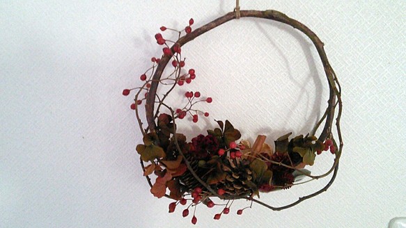 送料無料真っ赤な大人リース☆バラの実木の実のナチュラルドライフラワーリース 1枚目の画像