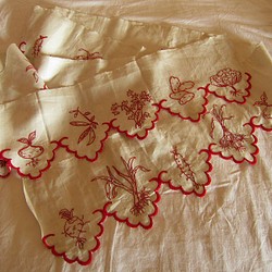 フランスアンティーク赤手刺繍リネン棚飾り布キッチン野菜柄/巾23×357cm
