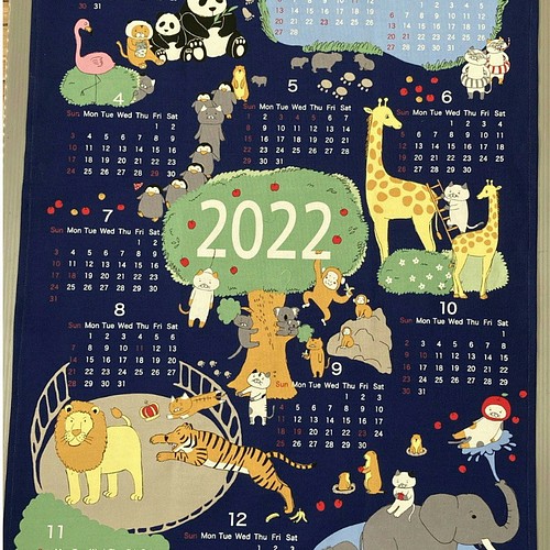 布カレンダー202２年☆猫と動物園：グレー☆壁掛け☆ファブリック 