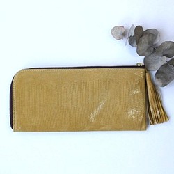 ピッグスキンのスリムな長財布　Ｌ字型　イエロー　　受注製作 1枚目の画像