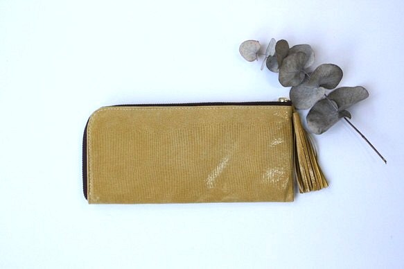 ピッグスキンのスリムな長財布　Ｌ字型　イエロー　　受注製作 1枚目の画像