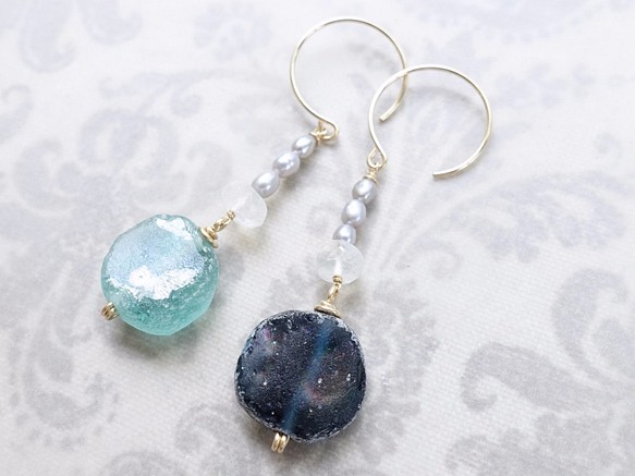 ★銷售★羅馬玻璃耳環（月光石和珍珠）·耳環可更換 第1張的照片