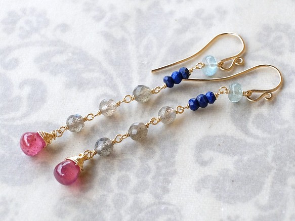 【特價】粉色藍寶石和拉長石長耳環耳環可換 第1張的照片