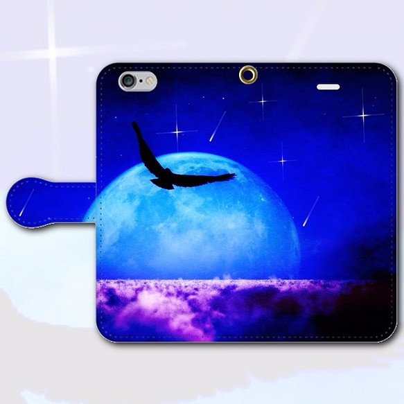 iPhone Android 手帳型スマホケース 月 鳥【送料無料】 1枚目の画像