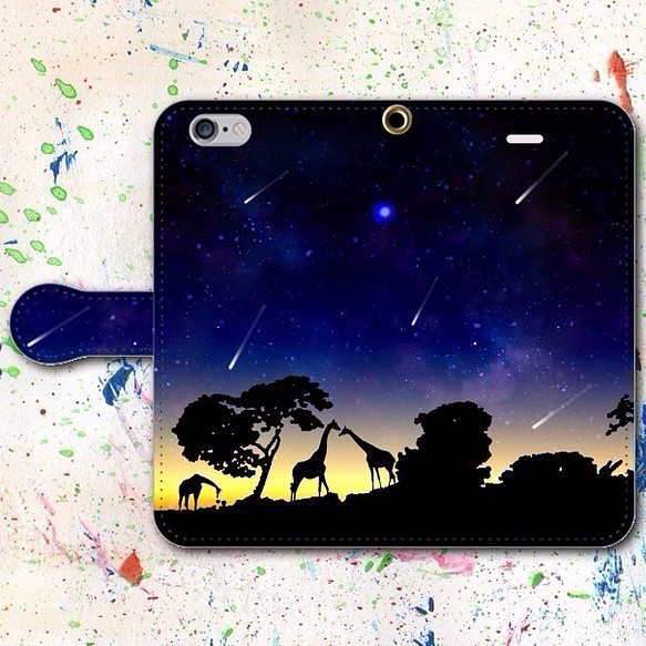 iPhone Android的筆記本型手機殼長頸鹿夜空免費送貨 第1張的照片