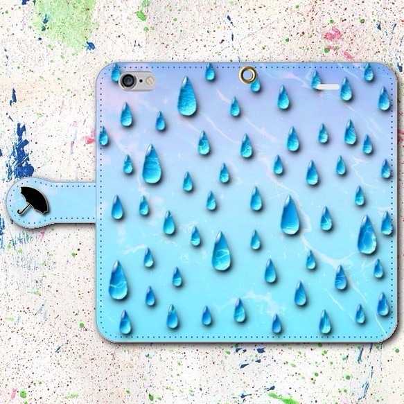 iPhone Android 手帳型スマホケース 雨 ブルー【送料無料】 1枚目の画像