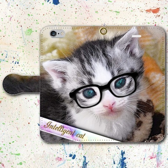 iPhone Android 手帳型スマホケース 子猫 メガネ【送料無料】 1枚目の画像
