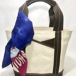 パラフィンキャンバス×本革　スカーフ(ブルーxピンク)ミニトートバッグ　 1枚目の画像